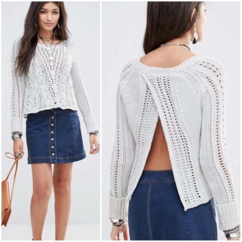 Free People Cable Knit Crochet Open Slit Back Cropped L/S Sweater MEDIUM